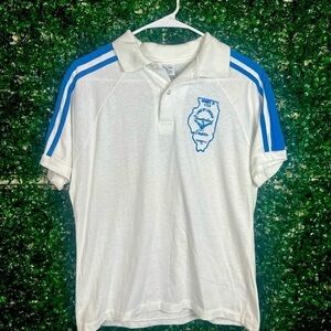 Vintage VTG Men’s White Blue Polo Single Stitch Land of Lincoln Size Medium